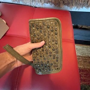 Olive green leather studded wristlet wallet